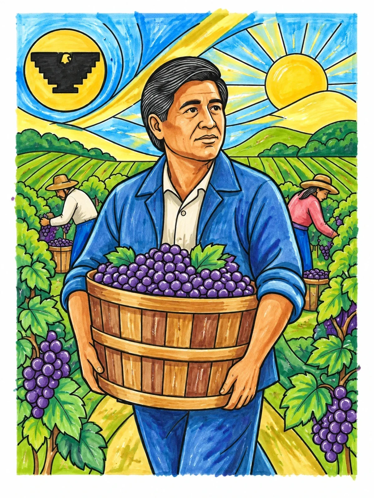 Colored example of the Cesar Chavez In The Vineyard coloring page