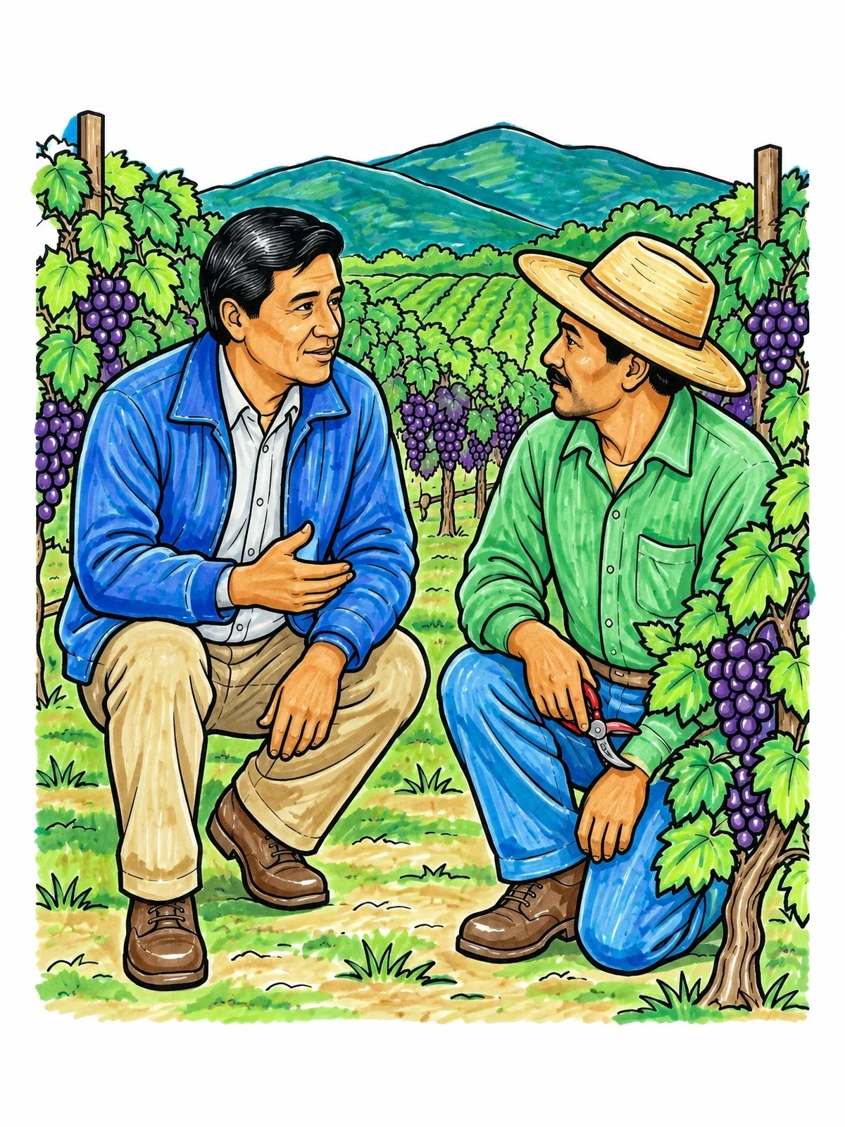 Colored example of the Cesar Chavez Talking With Vineyard Worker coloring page
