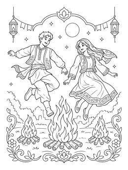 A joyful couple leaping over bonfires in this festive nowruz coloring page under the night sky.