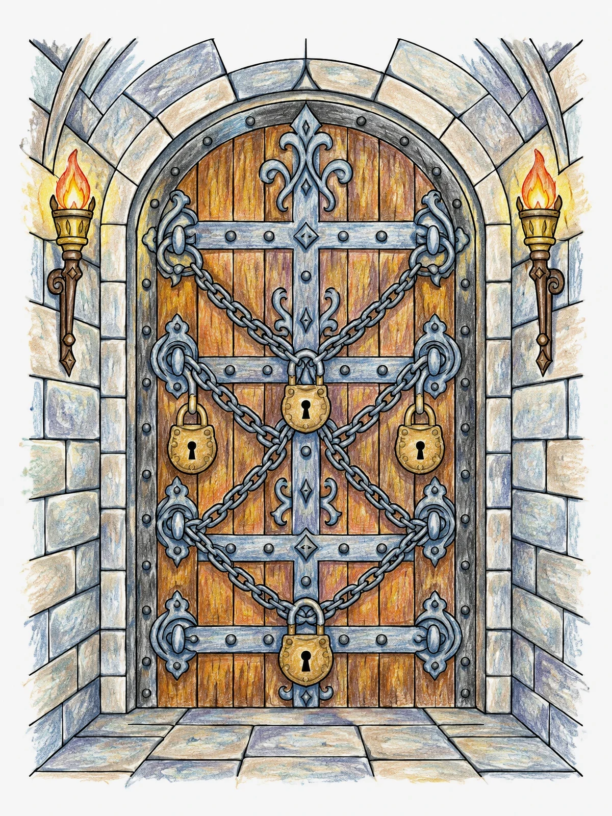 Colored example of the Chained Dungeon Door With Torches coloring page