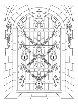 Free printable Chained Dungeon Door With Torches coloring page