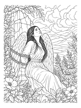 A chained angel looks toward the sky in this fallen angel gothic coloring page.