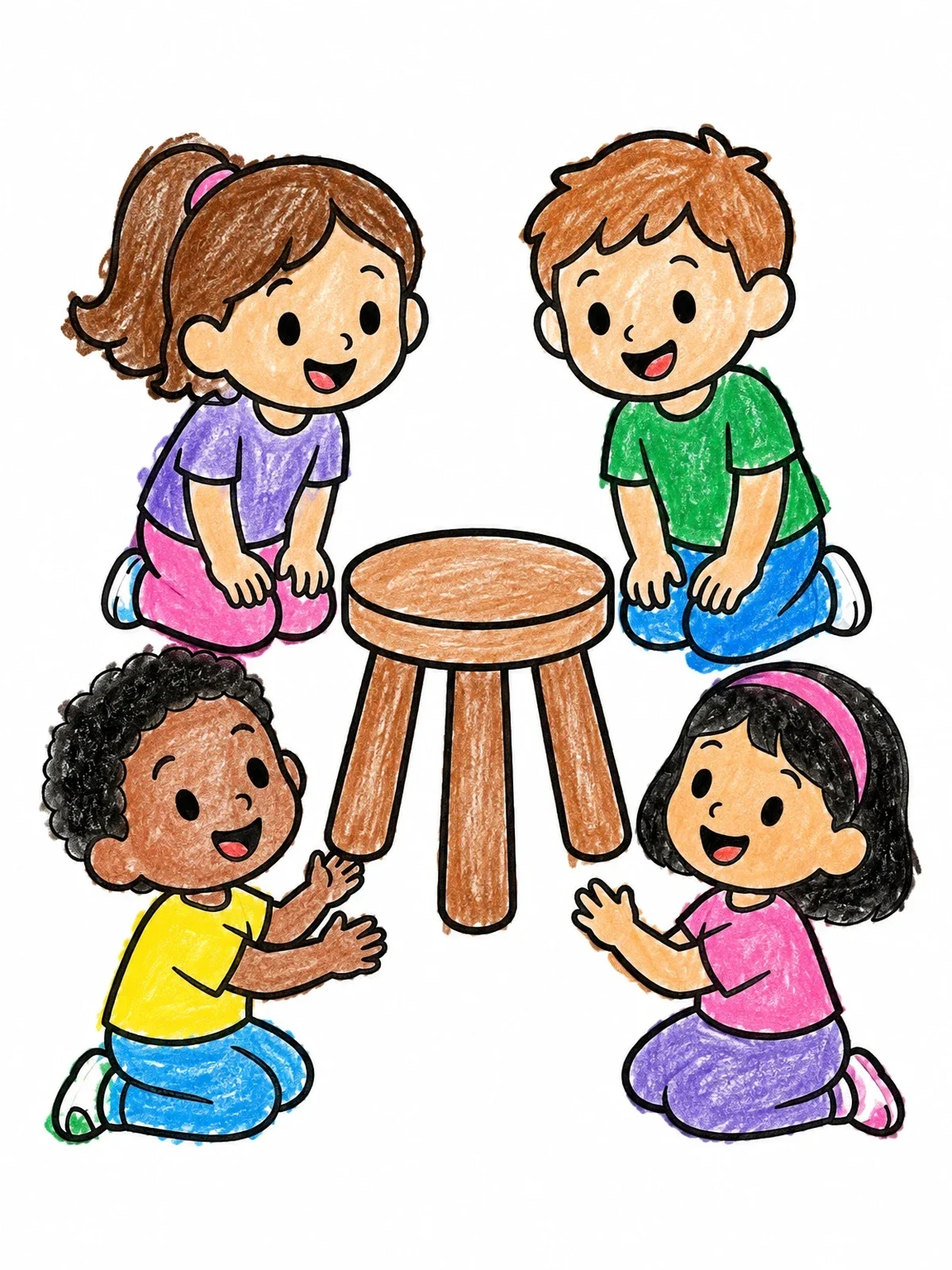Colored example of the Children Sitting Around A Wooden Stool coloring page