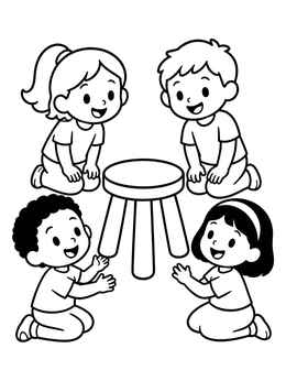 Free printable Children Sitting Around A Wooden Stool coloring page