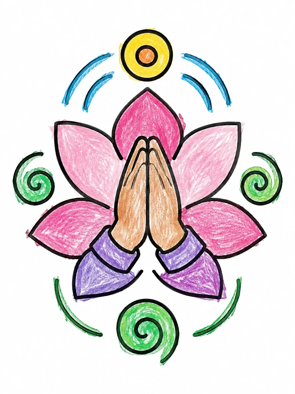 Colored example of the Praying Hands With Lotus Flower coloring page
