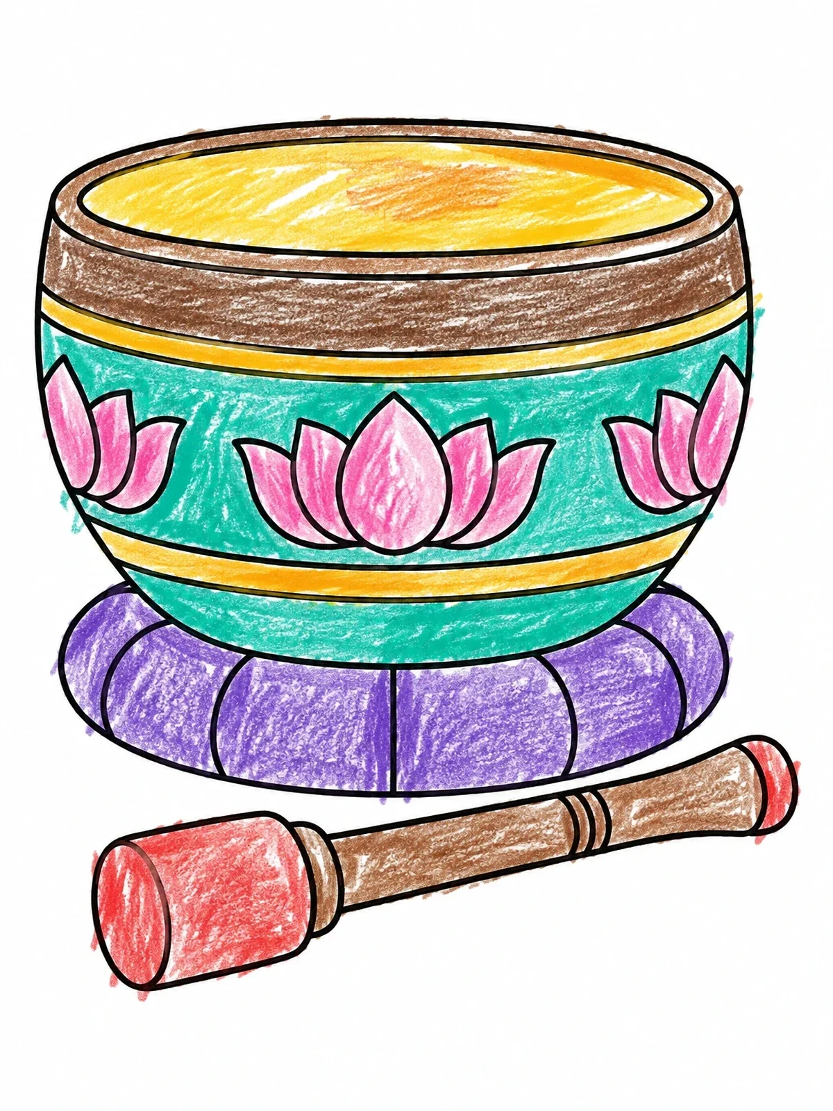 Colored example of the Singing Bowl With Lotus Pattern coloring page