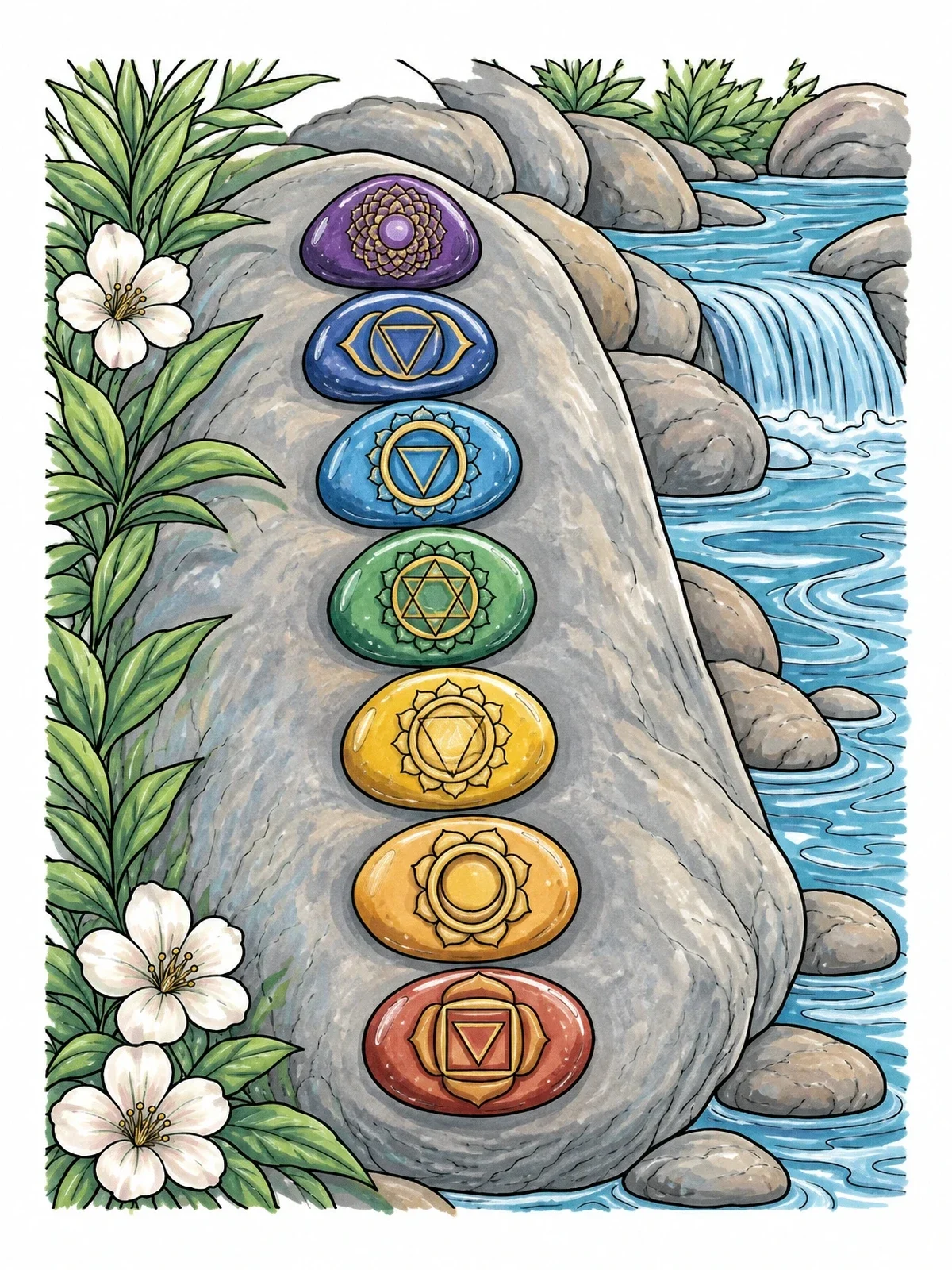 Colored example of the Seven Chakra Stones On River Boulder coloring page