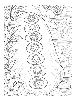Seven engraved stones lie stacked on a rock in this chakra coloring page beside a peaceful stream.