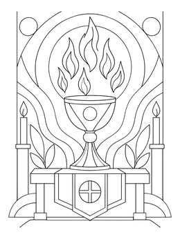 A sacred chalice on an altar with holy flames in this pentecost sunday coloring page.