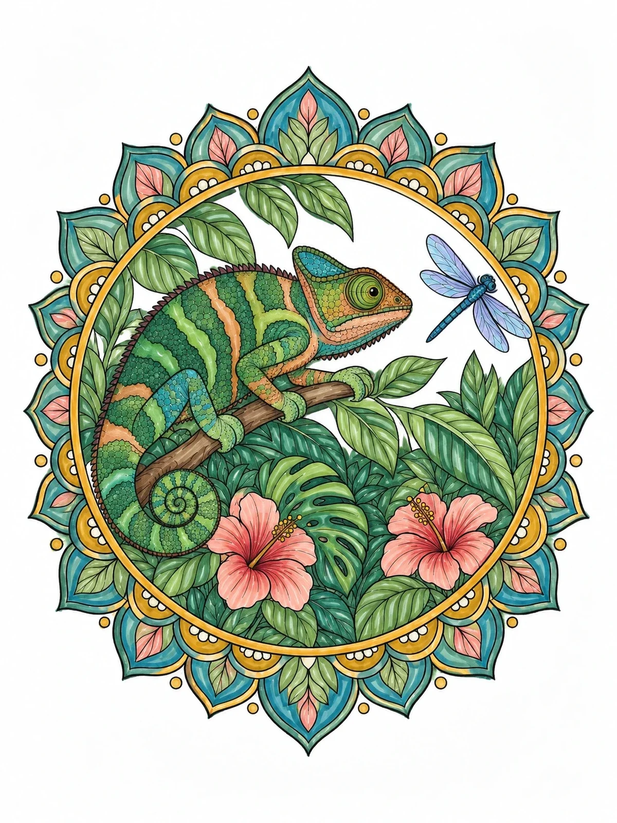 Colored example of the Chameleon And Dragonfly Mandala coloring page