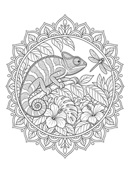 A detailed chameleon coloring page with a dragonfly inside an ornate floral mandala frame.