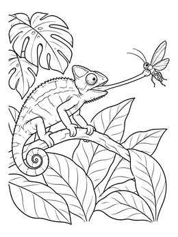 A detailed chameleon coloring page with a chameleon catching a flying insect in the jungle.