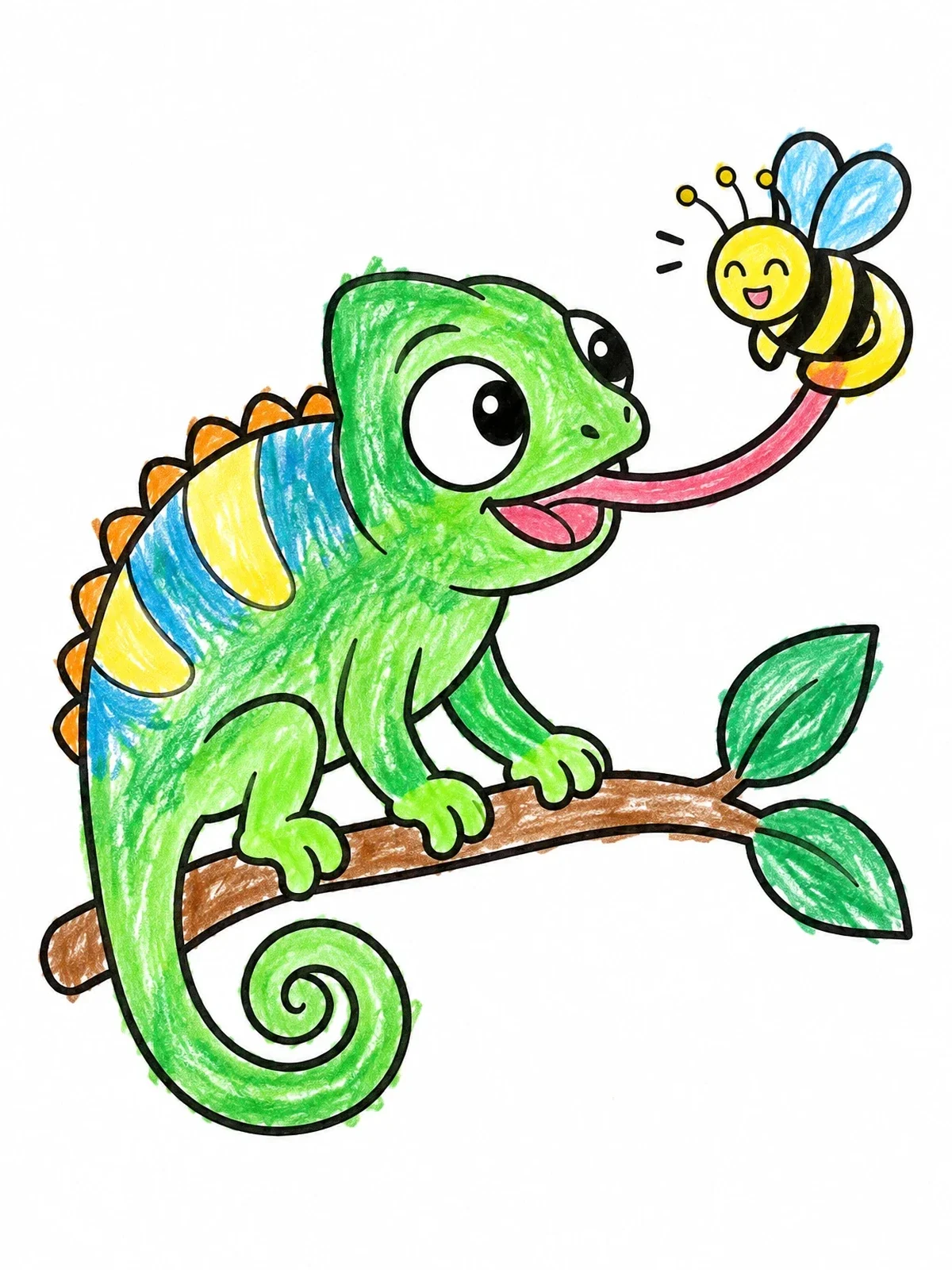 Colored example of the Chameleon Catching A Little Bee coloring page