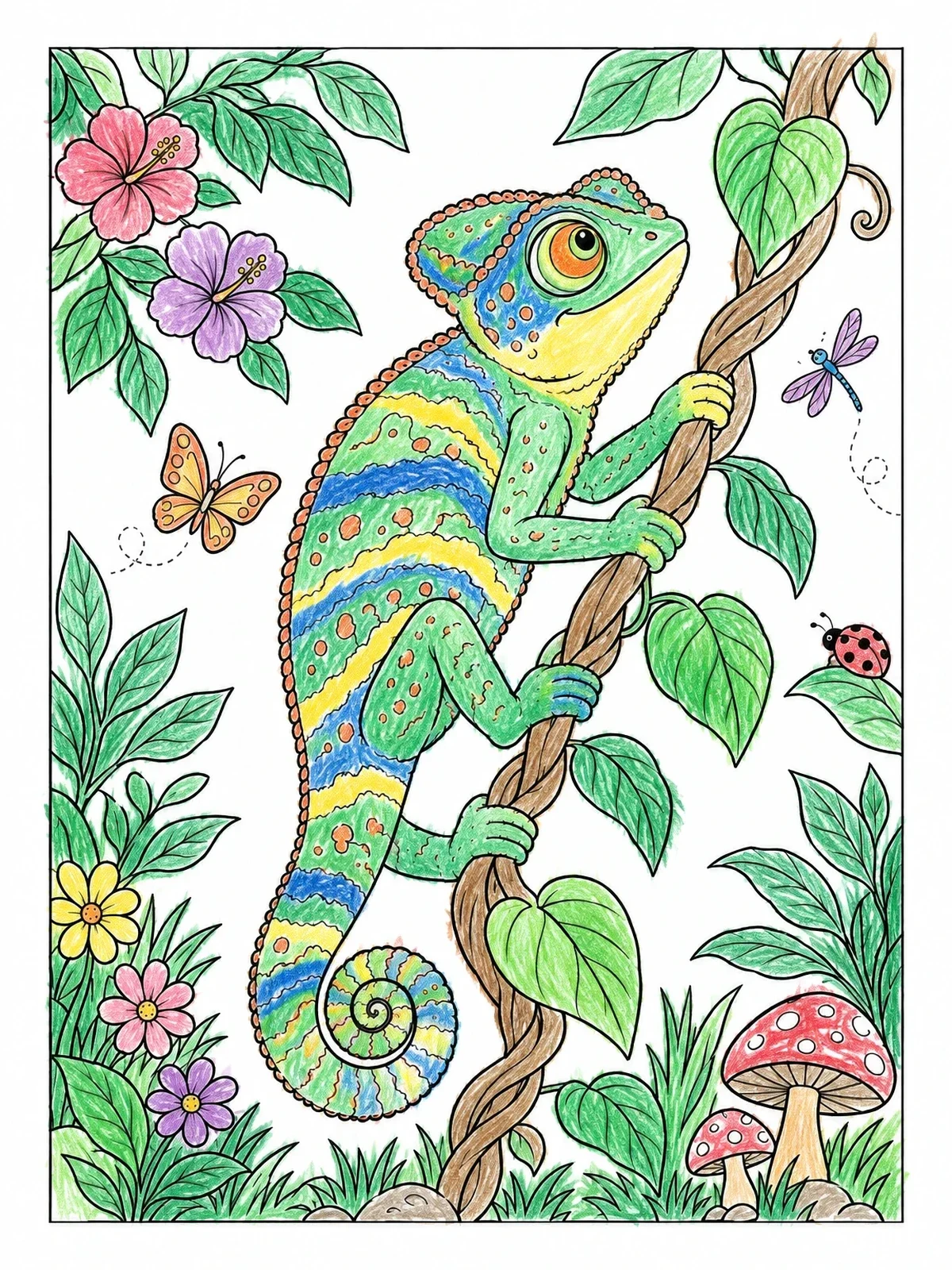 Colored example of the Chameleon Climbing A Jungle Vine coloring page