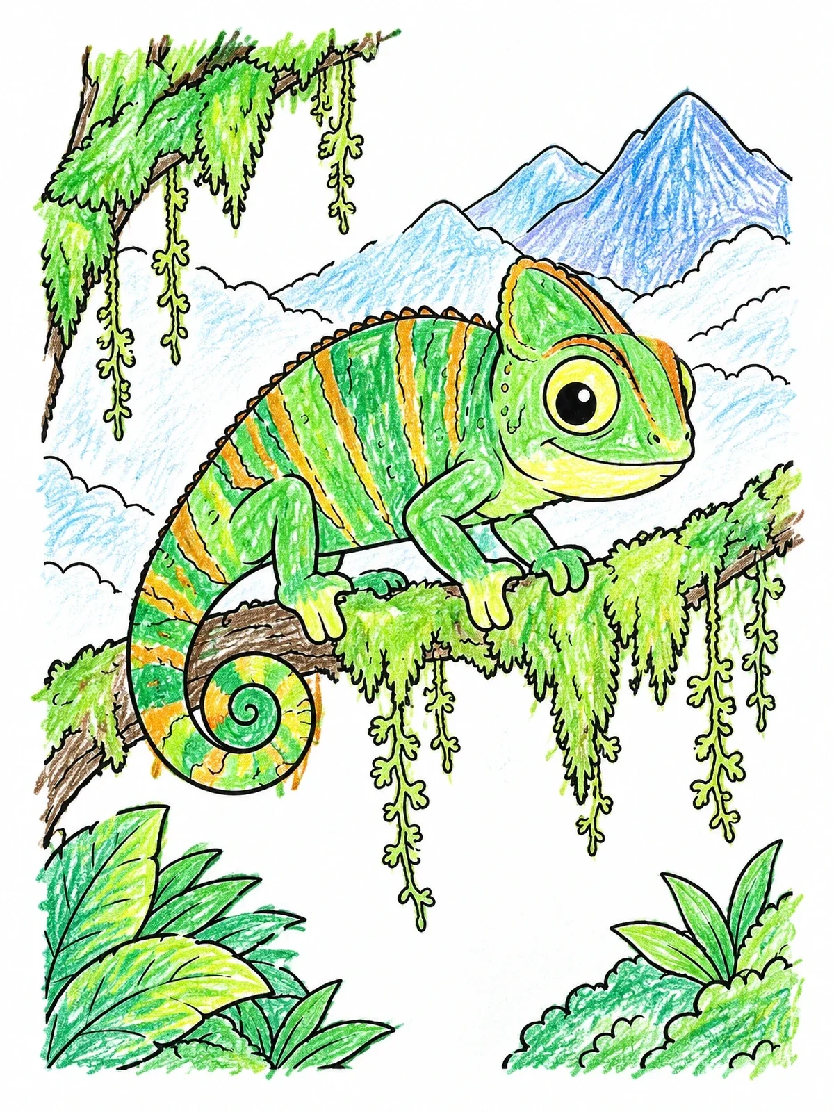 Colored example of the Chameleon In The Cloud Forest coloring page