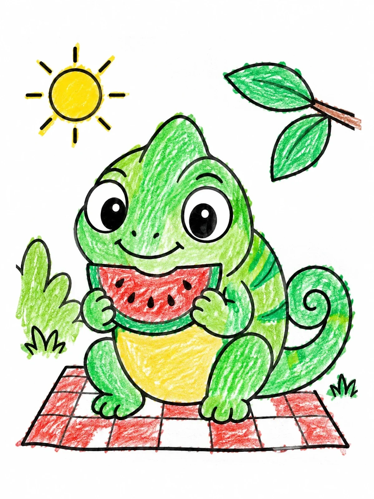 Colored example of the Chameleon Eating Watermelon On Picnic coloring page