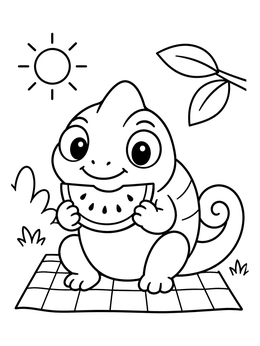 Free printable Chameleon Eating Watermelon On Picnic coloring page