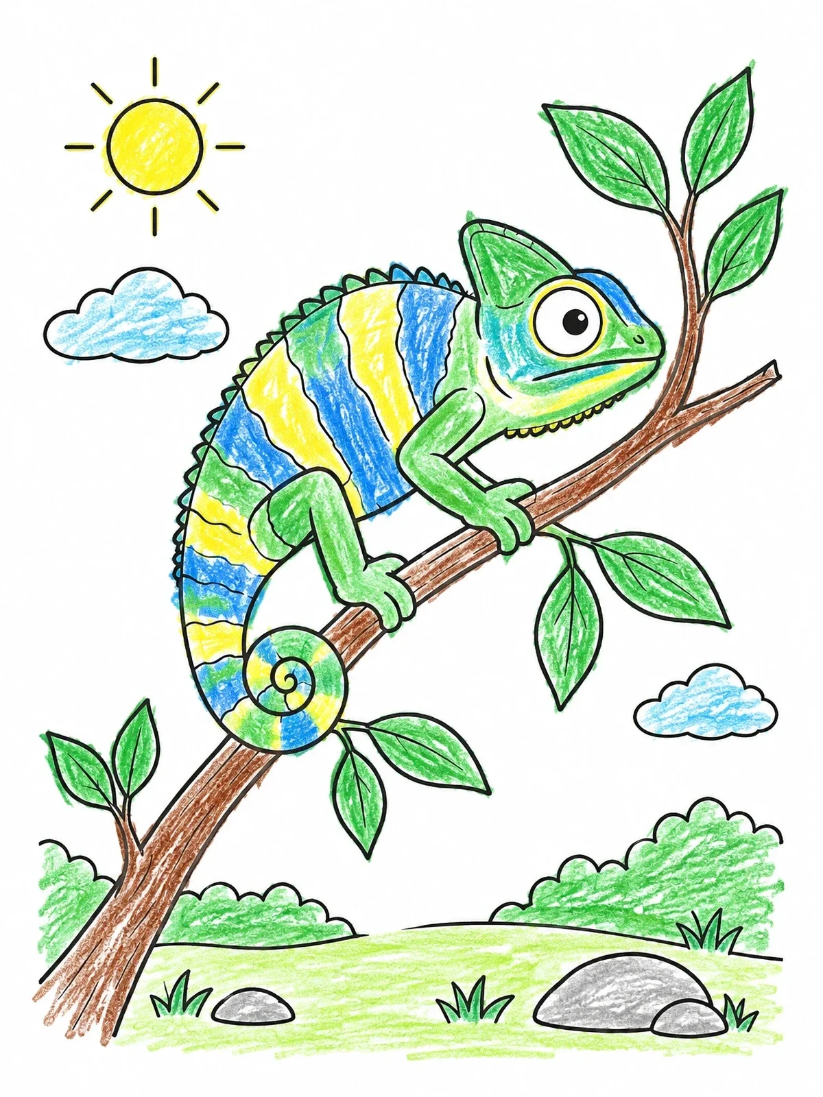 Colored example of the Chameleon Resting On A Tree Branch coloring page