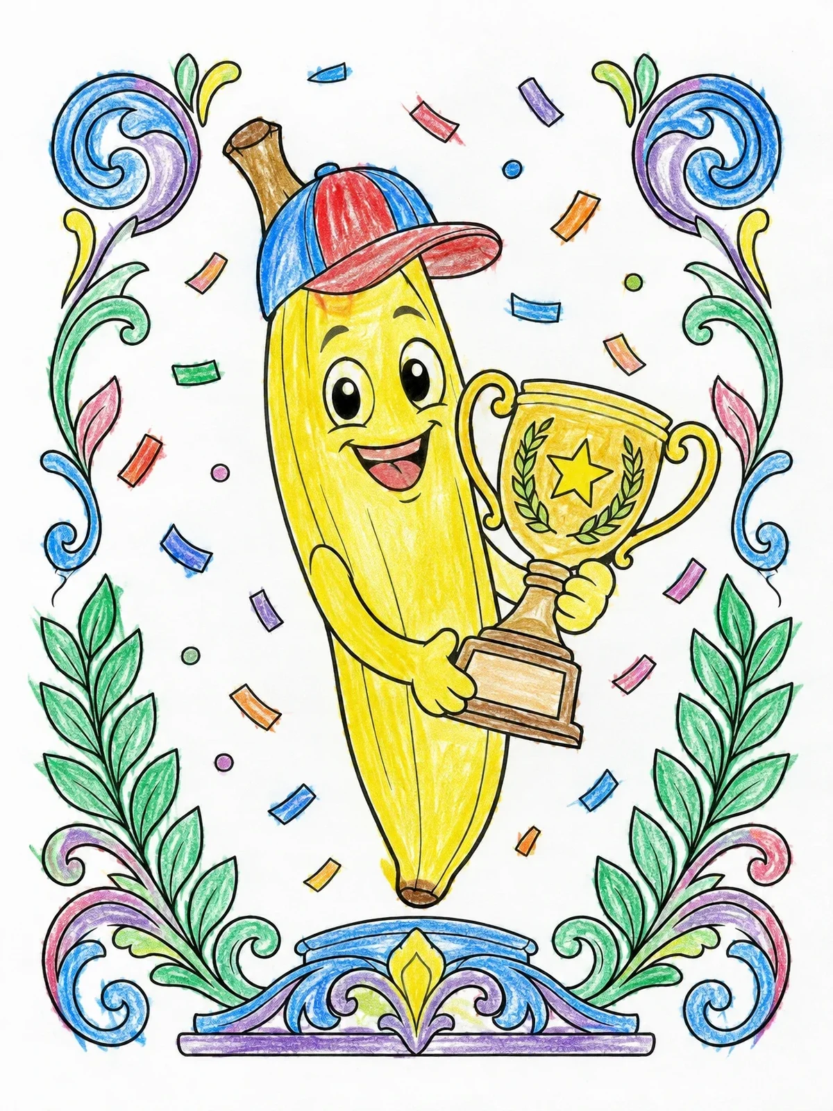 Colored example of the Champion Banana Holding A Trophy coloring page