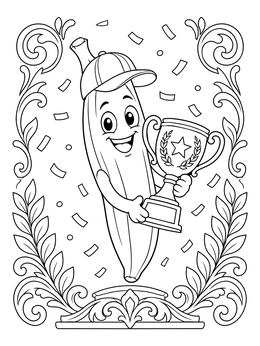 A cheerful cartoon character in this banana coloring page celebrates with a trophy and confetti.