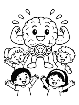 A strong champion brain coloring page with happy children cheering all around.