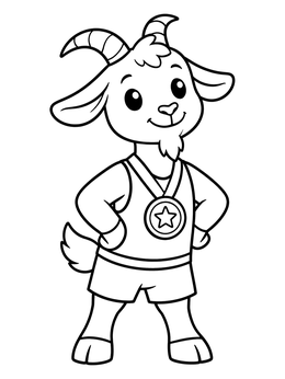 A cheerful champion goat coloring page with an athletic medal.