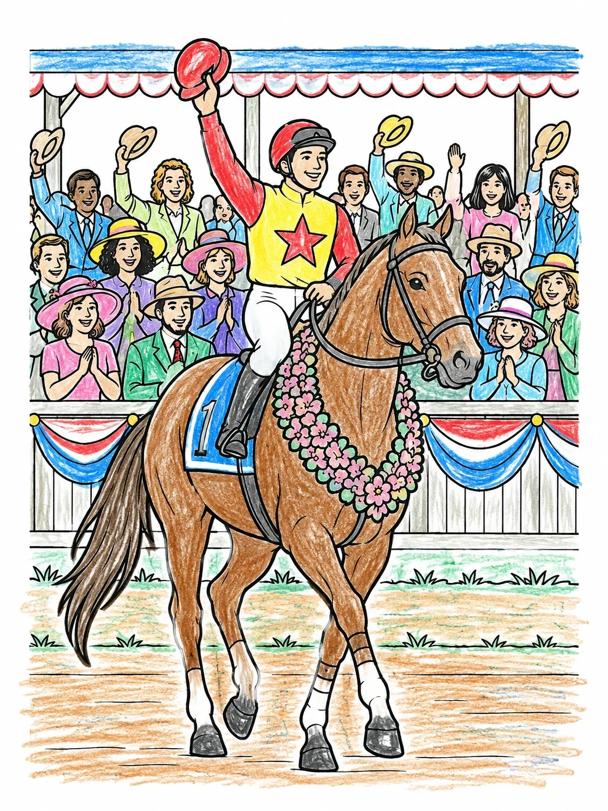 Colored example of the Champion Jockey And Racehorse Victory Parade coloring page