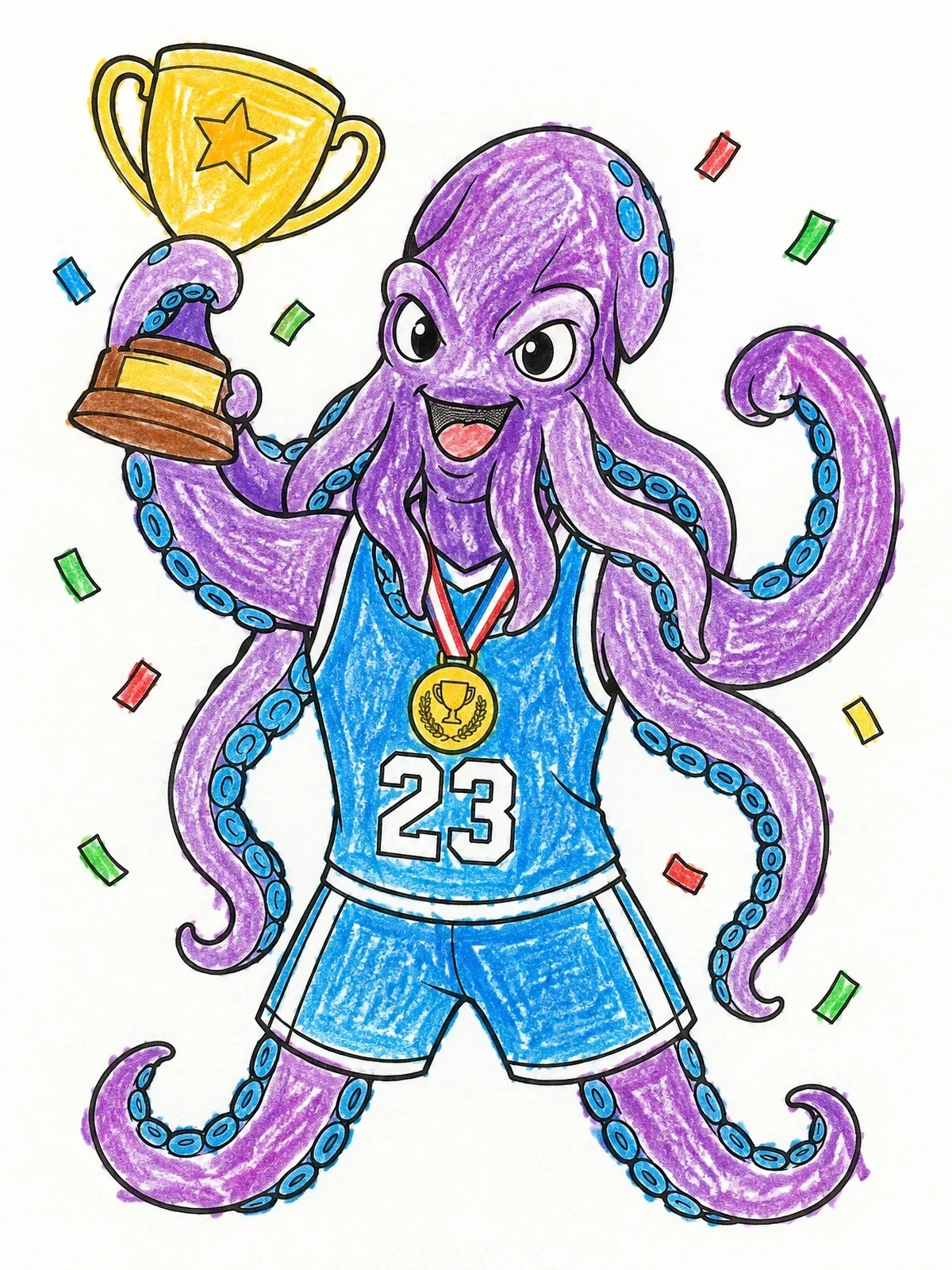 Colored example of the Champion Octopus Mascot Celebrating Victory coloring page