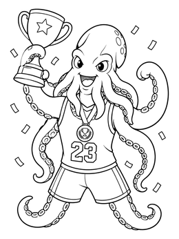 Free printable Champion Octopus Mascot Celebrating Victory coloring page