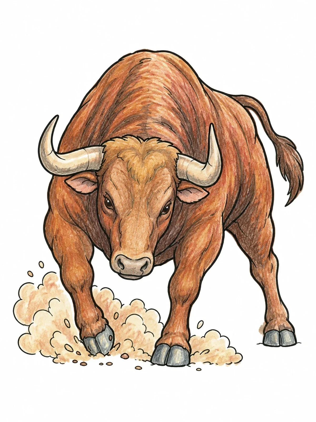 Colored example of the Charging Bull Kicking Up Dust coloring page