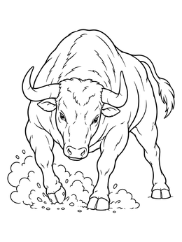 A powerful bull coloring page showing the animal pawing the ground and kicking up dust.