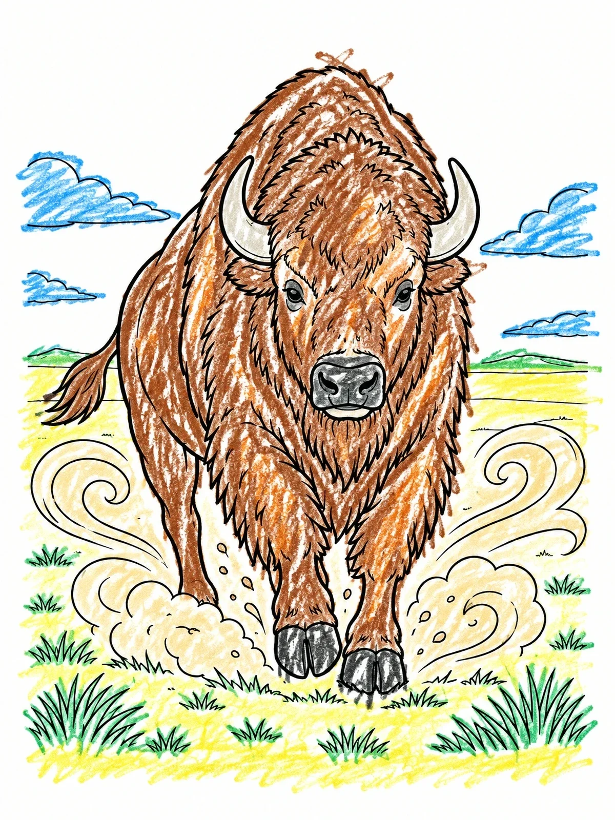 Colored example of the Charging Prairie Buffalo Spirit coloring page