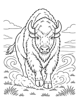 A powerful bison stomps forward in this prairie spirit coloring page with swirling dust.