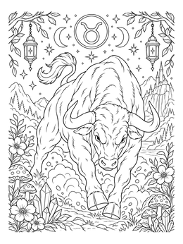 A powerful bull charges forward in this celestial taurus coloring page framed by lanterns and crystals.