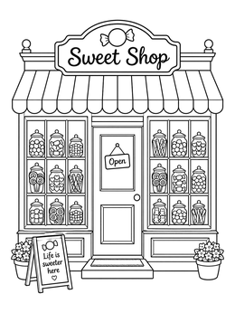Free printable Charming Sweet Shop Storefront coloring page