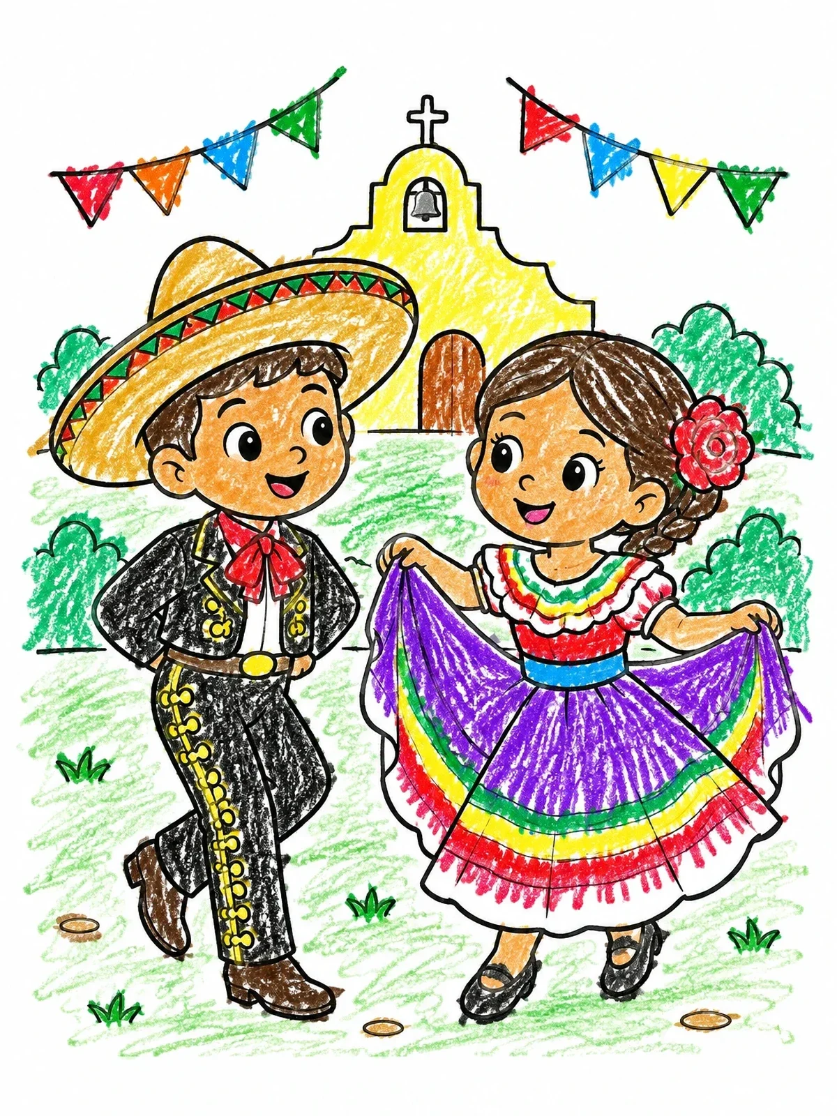 Colored example of the Children Dancing At Charro Days coloring page