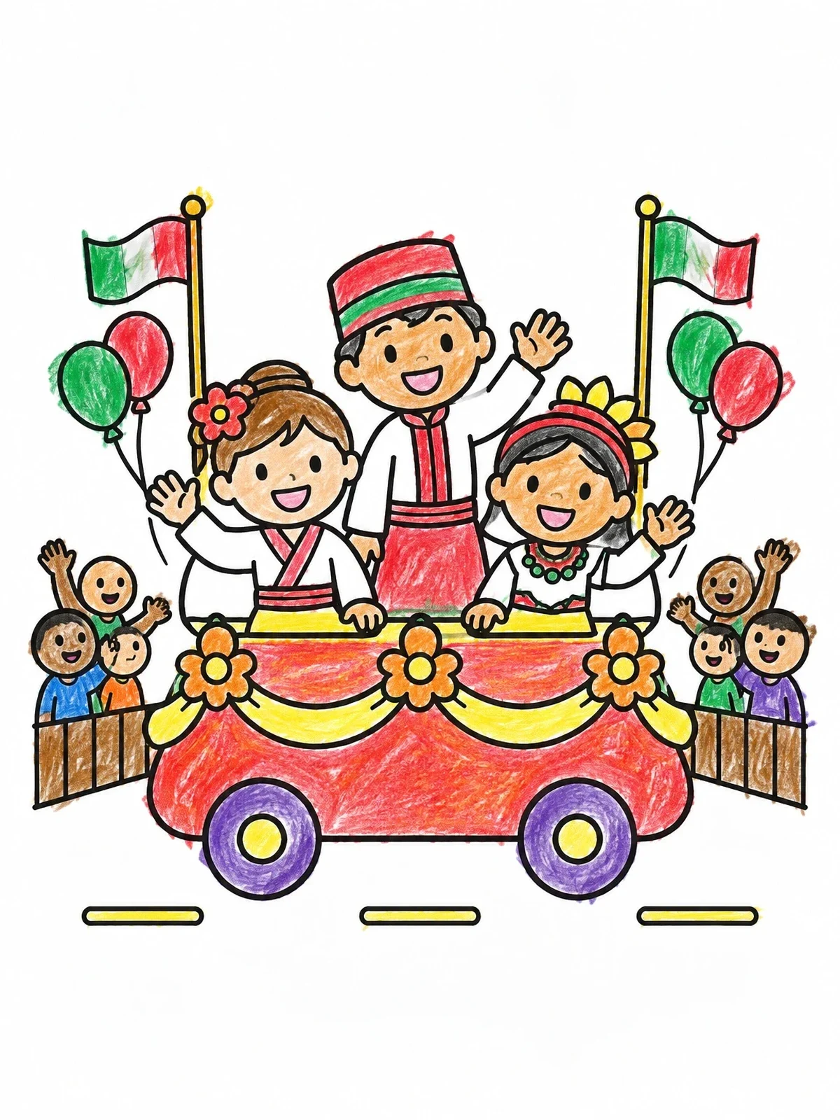 Colored example of the Children On A Festival Parade Float coloring page
