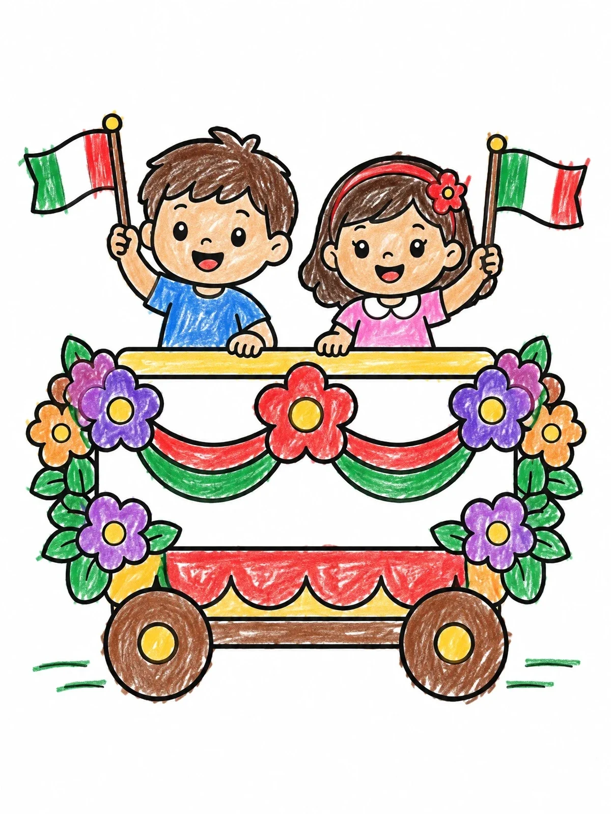 Colored example of the Kids On A Festival Parade Float coloring page