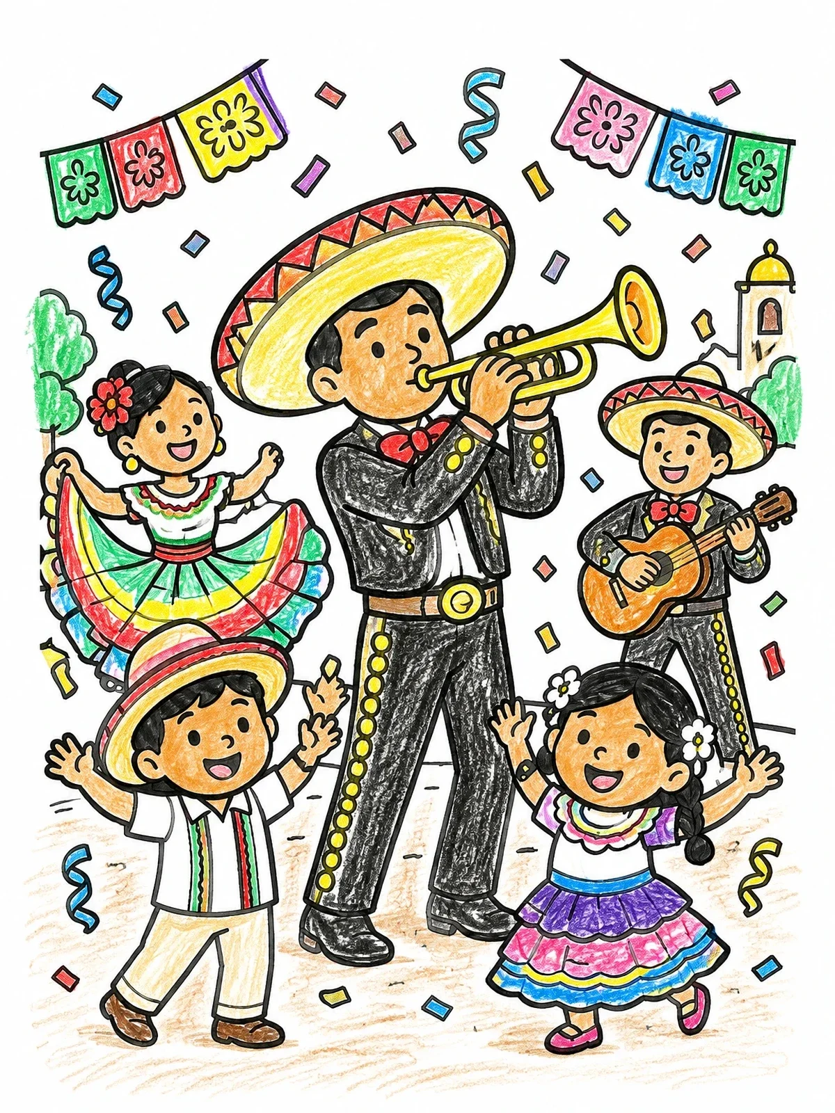 Colored example of the Mariachi Band And Dancing Children coloring page