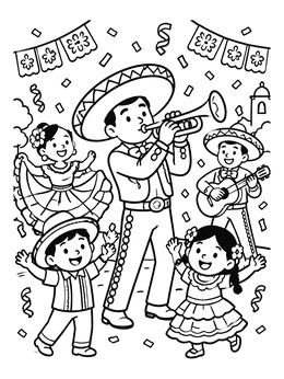Children dance to mariachi music in this cheerful charro days coloring page.
