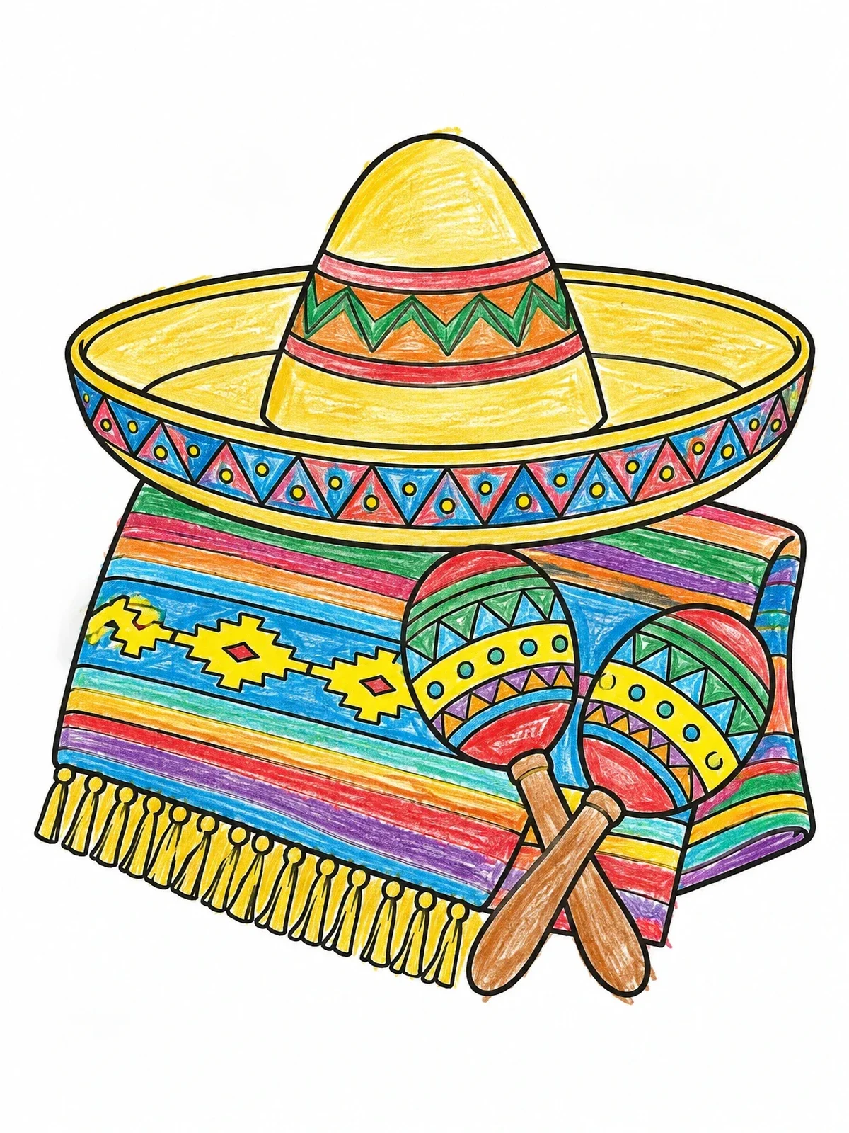 Colored example of the Sombrero, Maracas, And Serape Arrangement coloring page