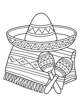 A decorative charro days coloring page with a wide sombrero, festive maracas, and a fringed serape blanket.