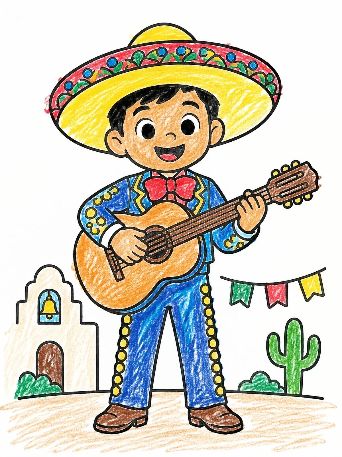 Colored example of the Young Mariachi Playing Guitar coloring page