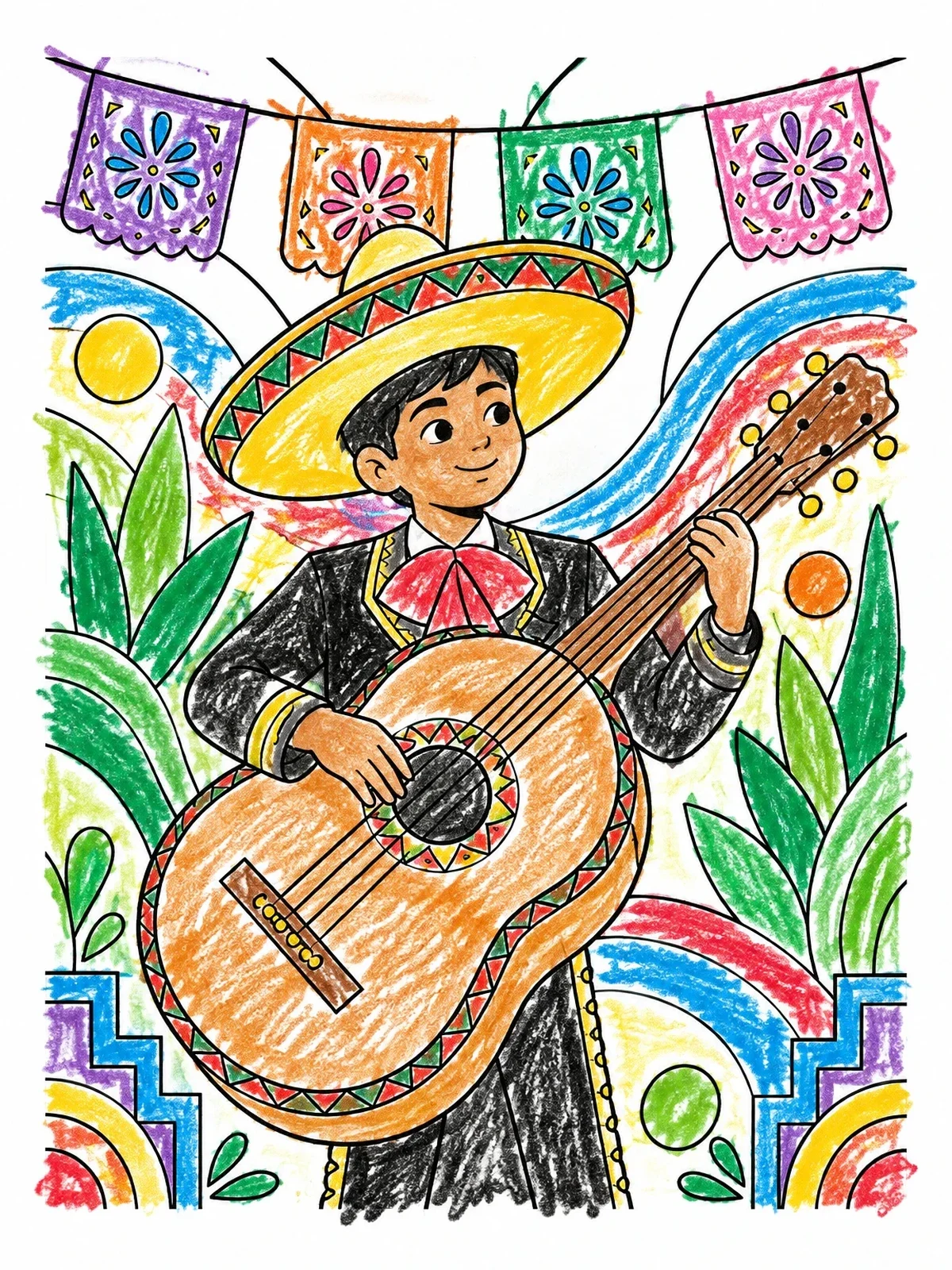 Colored example of the Young Mariachi Musician Playing Guitarrón coloring page