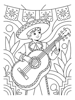 A festive charro days coloring page with a smiling boy playing a large guitar under party banners.
