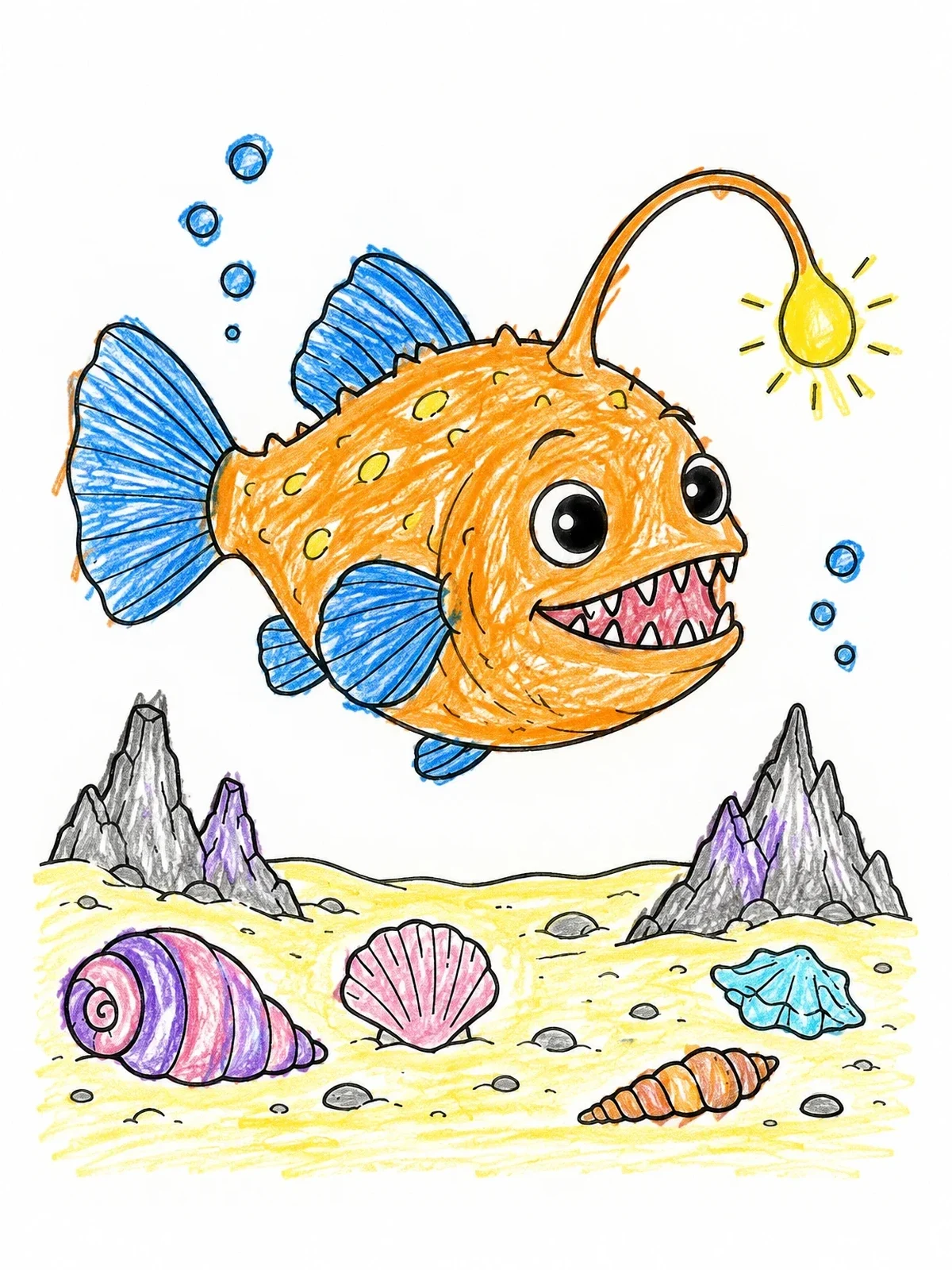 Colored example of the Cheerful Anglerfish On Ocean Floor coloring page