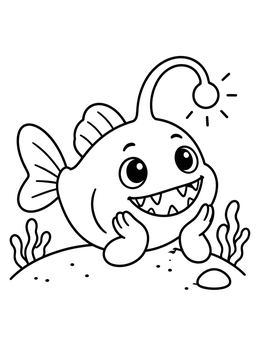 A cute angler fish coloring page featuring a smiling deep-sea fish resting on a sandy mound.