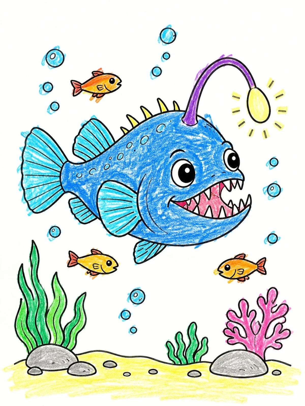 Colored example of the Cheerful Anglerfish Under The Sea coloring page