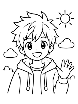 Free printable Cheerful Anime Boy Waving Outdoors coloring page