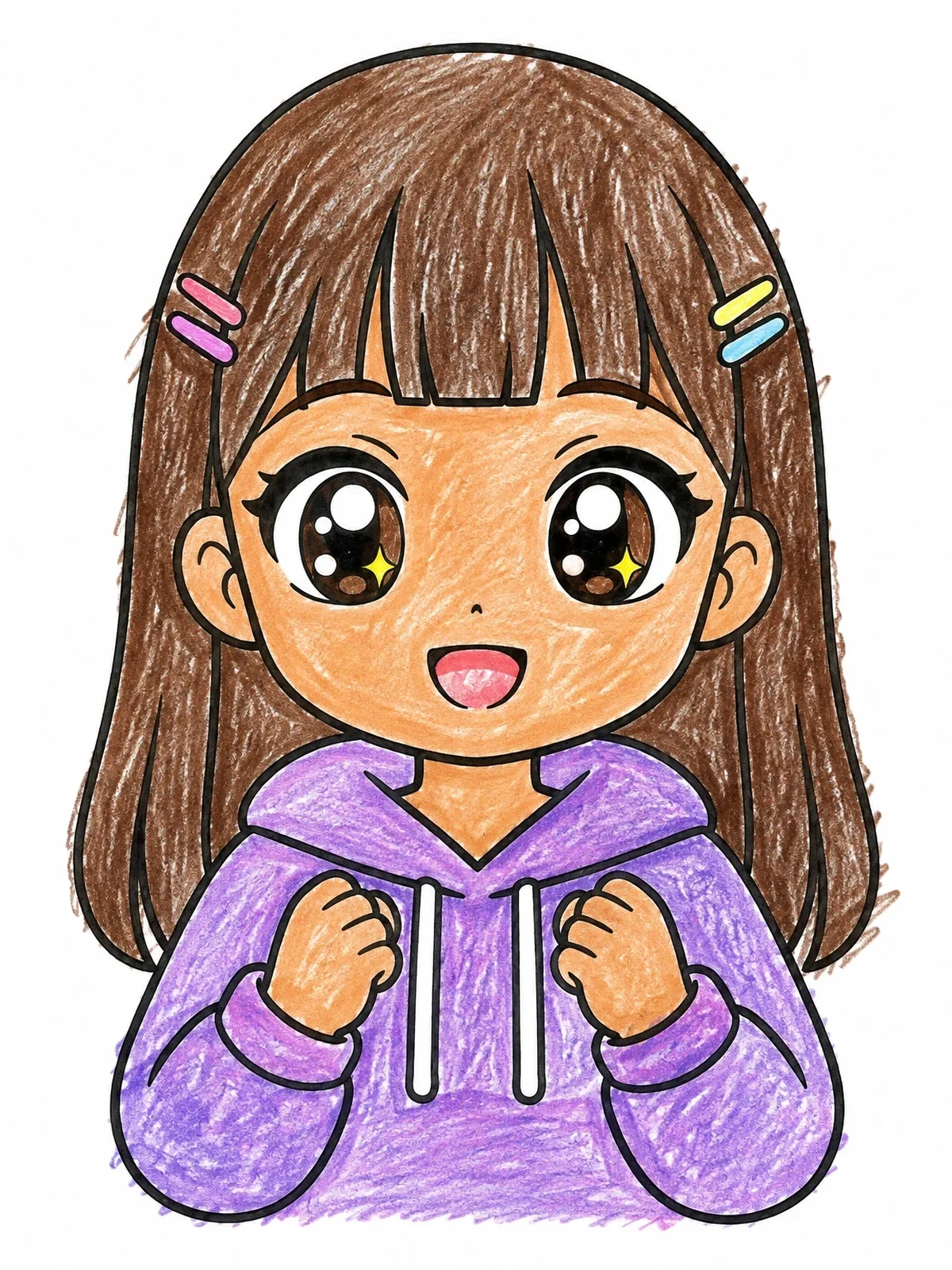 Colored example of the Cheerful Anime Girl With Sparkling Eyes coloring page
